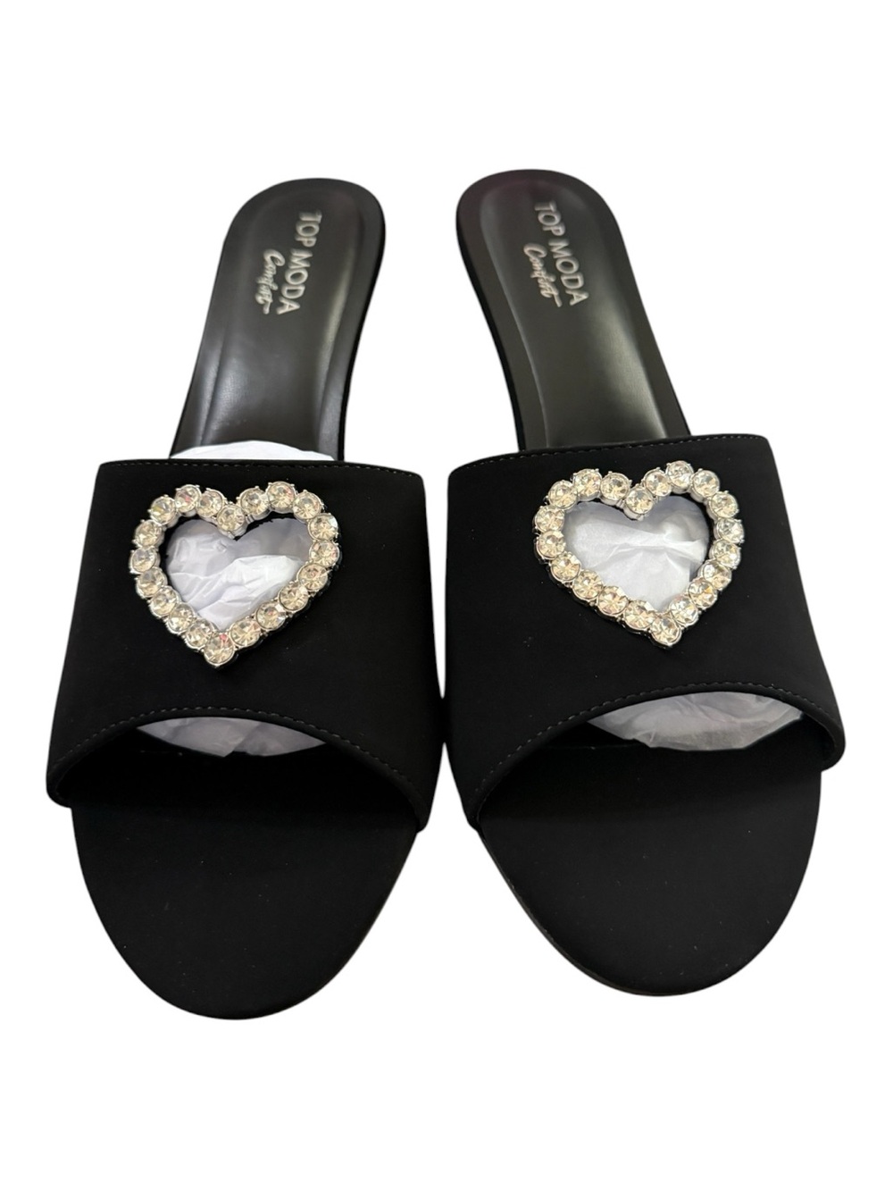 Top Moda Comfort Angie-60 Rhinestone Heart Mule Heels Black Size 10 NIB